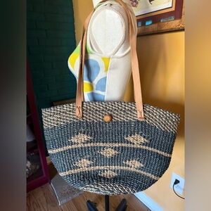 Vintage Raffia Sisel Jute Straw Tote- Leather Straps- Large